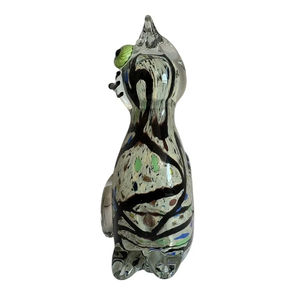 GCA Art Glass Cat Figurine Multicolor Confetti Swirl Green Eyes 6.5